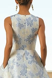 Vestido Jacquard Longo Floral Azul Poeirento Bolsos para Convidada Casamento