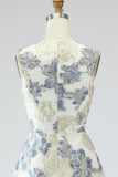 Vestido Jacquard Longo Floral Azul Poeirento Bolsos para Convidada Casamento