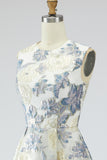 Vestido Jacquard Longo Floral Azul Poeirento Bolsos para Convidada Casamento