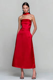 Vestido Vermelho Sem Alças A Line A Long de Cetim Descapotável com Bolsos