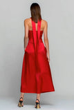 Vestido Vermelho Sem Alças A Line A Long de Cetim Descapotável com Bolsos