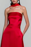 Vestido Vermelho Sem Alças A Line A Long de Cetim Descapotável com Bolsos