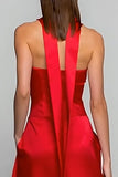 Vestido Vermelho Sem Alças A Line A Long de Cetim Descapotável com Bolsos