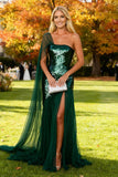 Vestido formal longo com uma bainha de lantejoulas verde escuro verde escuro brilhante, vestido formal comprido com fenda