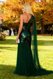 Vestido formal longo com uma bainha de lantejoulas verde escuro verde escuro brilhante, vestido formal comprido com fenda