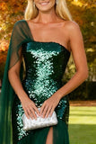 Vestido formal longo com uma bainha de lantejoulas verde escuro verde escuro brilhante, vestido formal comprido com fenda