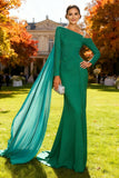 Vestido formal longo de sereia assimétrica verde brilhante com fita lateral