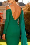 Vestido formal longo de sereia assimétrica verde brilhante com fita lateral
