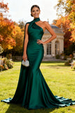 Lenço verde escuro com gola verde escura, vestido formal longo de sereia