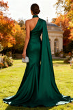 Lenço verde escuro com gola verde escura, vestido formal longo de sereia
