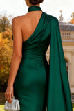 Lenço verde escuro com gola verde escura, vestido formal longo de sereia