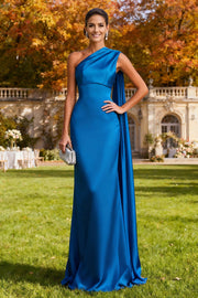 Vestido formal de sereia azul real, um ombro comprido, com serpentina lateral