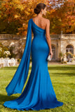 Vestido formal de sereia azul real, um ombro comprido, com serpentina lateral