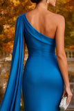 Vestido formal de sereia azul real, um ombro comprido, com serpentina lateral