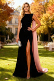 Vestido formal de sereia preto com gola bata e serpentina lateral