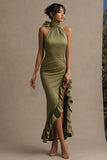 Vestido formal longo de sereia de gola alta, gola alta, folhos e abertura