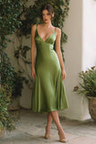 Vestido formal longo com alças finas de oliva A