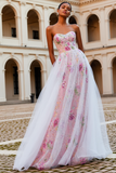 Sparkly Pink Floral Strapless Uma linha frisada Long Prom Dress