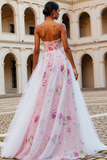 Sparkly Pink Floral Strapless Uma linha frisada Long Prom Dress