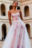Sparkly Pink Floral Strapless Uma linha frisada Long Prom Dress