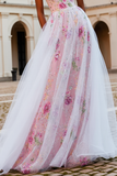 Sparkly Pink Floral Strapless Uma linha frisada Long Prom Dress