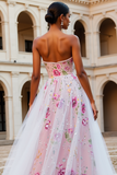 Sparkly Pink Floral Strapless Uma linha frisada Long Prom Dress