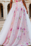 Sparkly Pink Floral Strapless Uma linha frisada Long Prom Dress