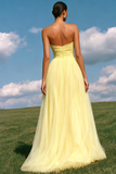 Vestido de Baile Longo, Organza Amarelo Claro Strapless, A Line Organza