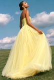 Vestido de Baile Longo, Organza Amarelo Claro Strapless, A Line Organza