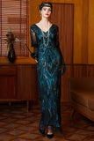 Vestido Longo dos anos 1920, vestido preto azul com lantejoulas e decote em V