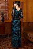 Vestido Longo dos anos 1920, vestido preto azul com lantejoulas e decote em V