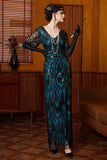Vestido Longo dos anos 1920, vestido preto azul com lantejoulas e decote em V
