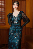 Vestido Longo dos anos 1920, vestido preto azul com lantejoulas e decote em V