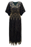 Vestido longo dos anos 1920 com lantejoulas pretas pretas com contas douradas brilhantes