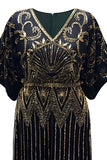 Vestido longo dos anos 1920 com lantejoulas pretas pretas com contas douradas brilhantes