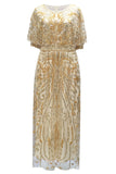Vestido brilhante com decote barco com contas e alperce, decote barco dos anos 1920 com lantejoulas
