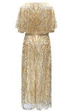 Vestido brilhante com decote barco com contas e alperce, decote barco dos anos 1920 com lantejoulas