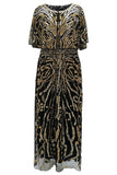 Vestido brilhante com decote barco com contas e alperce, decote barco dos anos 1920 com lantejoulas