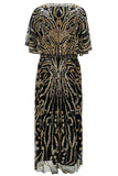 Vestido brilhante com decote barco com contas e alperce, decote barco dos anos 1920 com lantejoulas