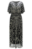Vestido brilhante com decote barco com contas e alperce, decote barco dos anos 1920 com lantejoulas
