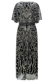 Vestido brilhante com decote barco com contas e alperce, decote barco dos anos 1920 com lantejoulas