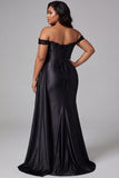 Vestido de baile de finalistas preto com lantejoulas de ombros descobertos, cetim franzido, tamanhos longos, com fenda