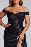 Vestido de baile de finalistas preto com lantejoulas de ombros descobertos, cetim franzido, tamanhos longos, com fenda