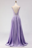 Vestido de Baile Comprido Roxo com Alças Finas e Aplicações com Racha