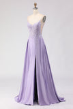 Vestido de Baile Comprido Roxo com Alças Finas e Aplicações com Racha