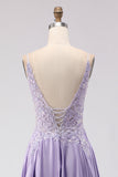 Vestido de Baile Comprido Roxo com Alças Finas e Aplicações com Racha