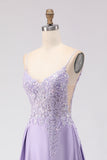 Vestido de Baile Comprido Roxo com Alças Finas e Aplicações com Racha