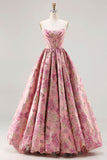 Vestido longo longo de baile de finalistas cor-de-rosa cor-de-rosa Jacquard Princess Floral Stripless com Renda nas Costas