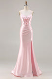 Espartilho de Sereia cor-de-rosa, renda nas costas, vestido comprido de baile com fenda