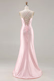Espartilho de Sereia cor-de-rosa, renda nas costas, vestido comprido de baile com fenda
